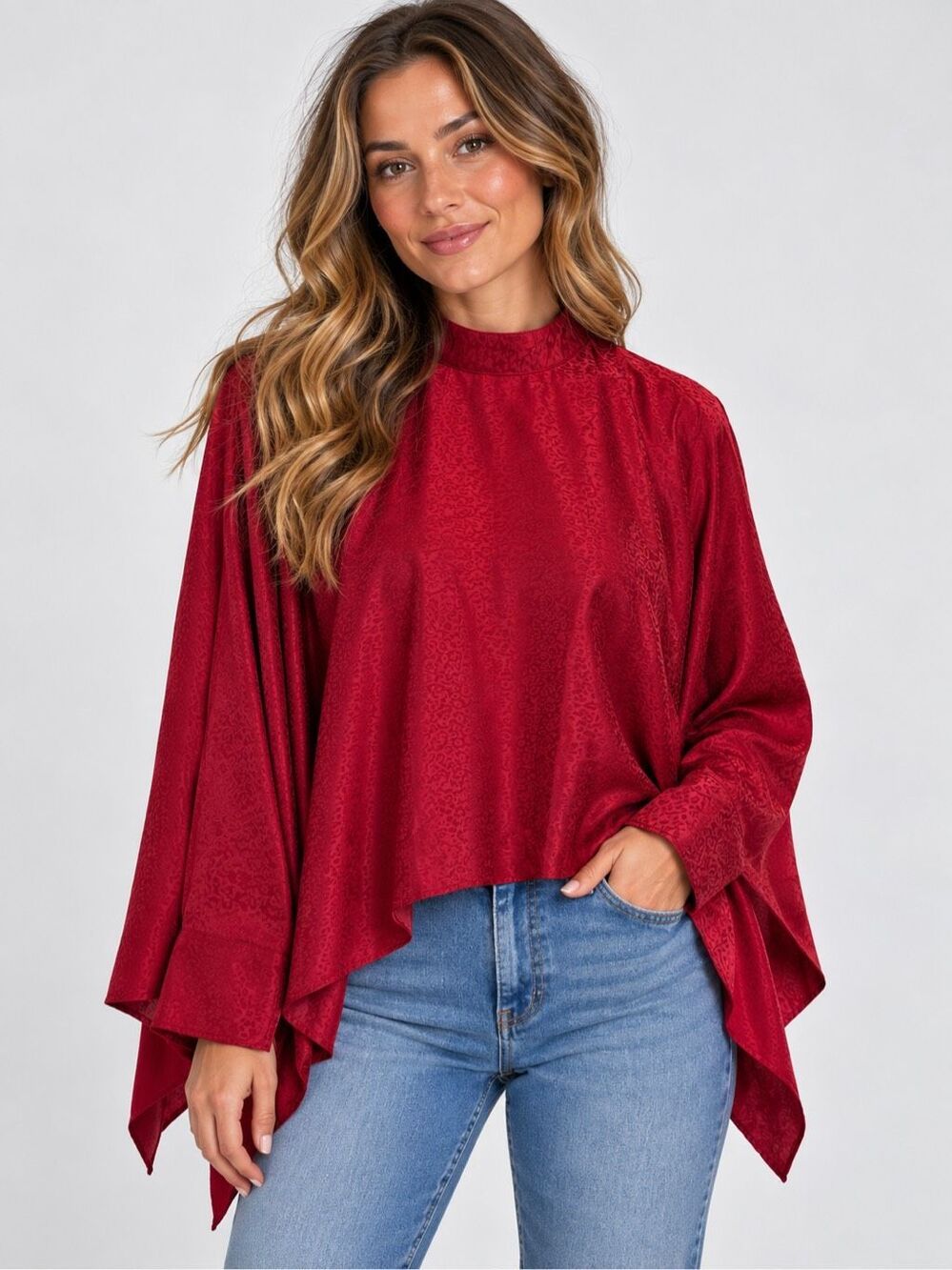 NWOT Glam Burgundy Satin Leopard Jacquard Cape Sleeve High Neck Blouse Medium